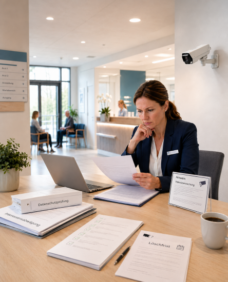 Bürorezeption mit Datenschutzdokumenten_Videoüberwachung